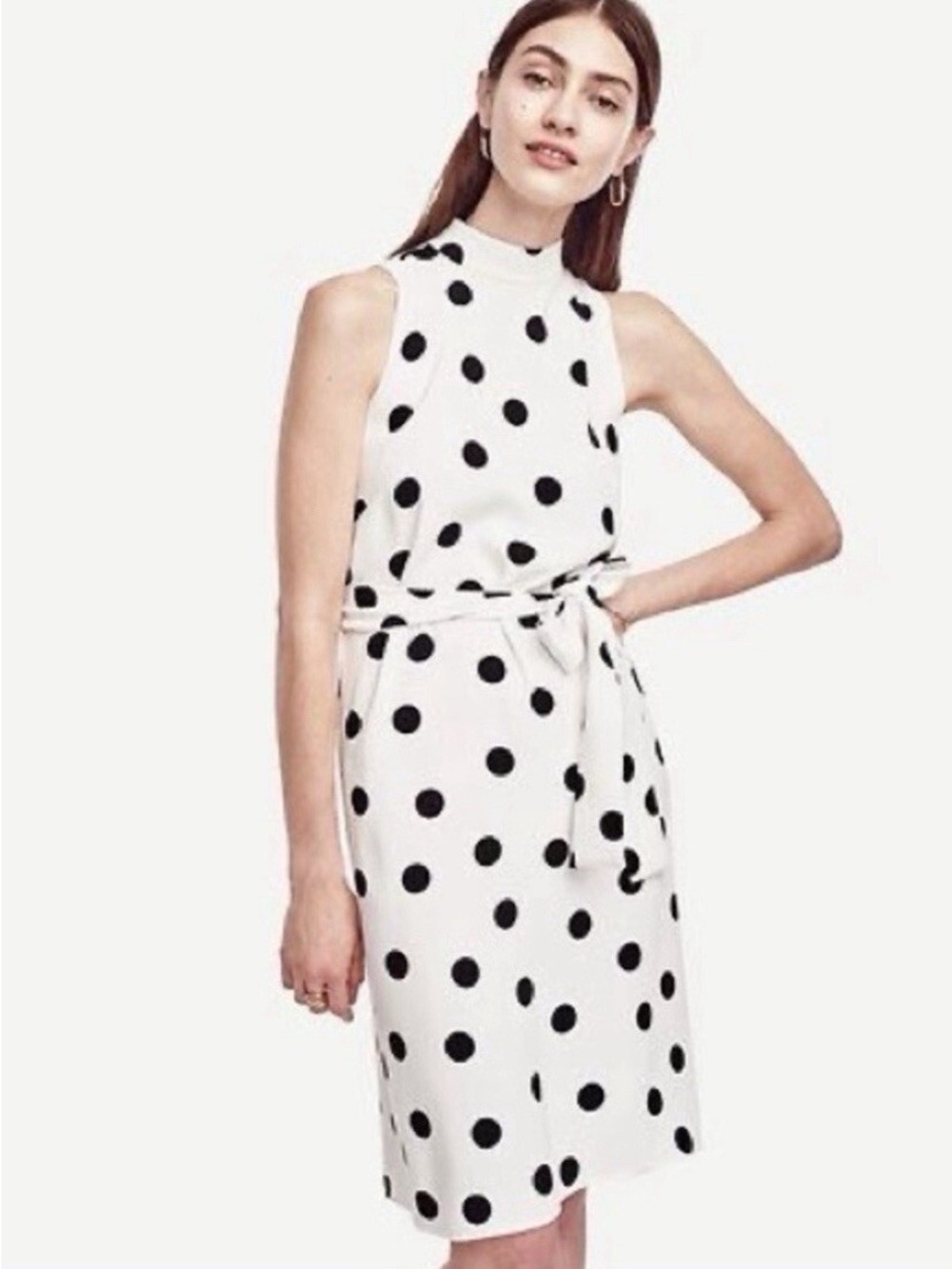 Women's Ann Taylor White Polka Dot Tie-Waist Dress